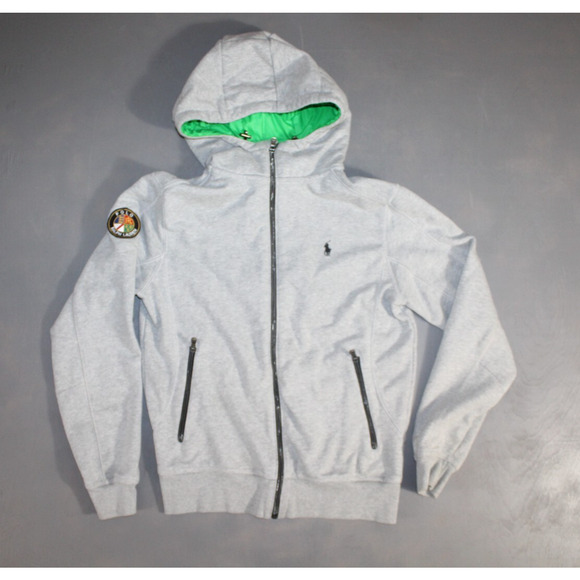 Polo Ralph Lauren Cookie Patch Logo Hoodie Sweatshirt Men M Gray Grey Full Zip - Picture 1 of 8